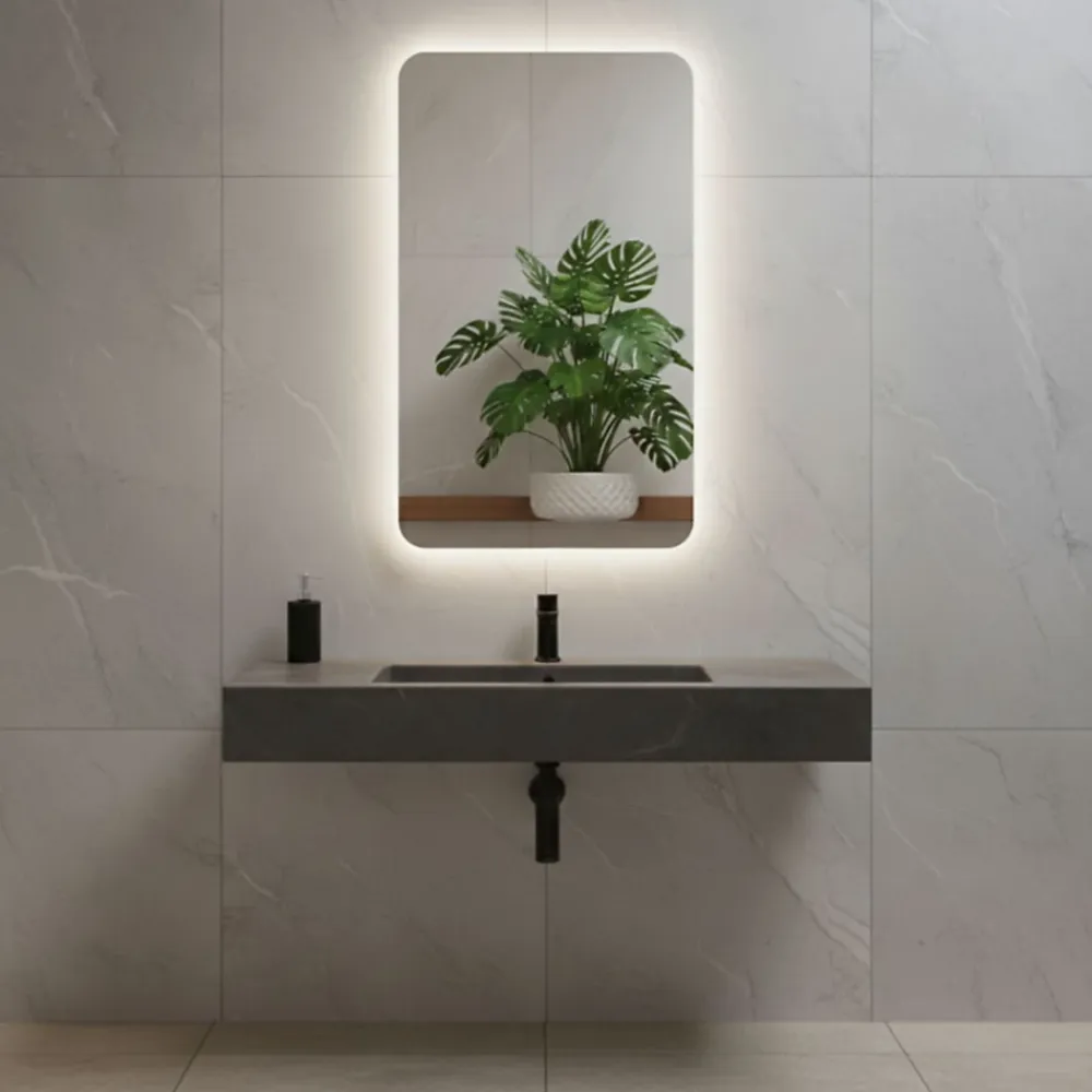 Miroir Lumineux|Et Design Miroir à bord poli 100x70 cm avec coins arrondis et rétroéclairage périmétrique