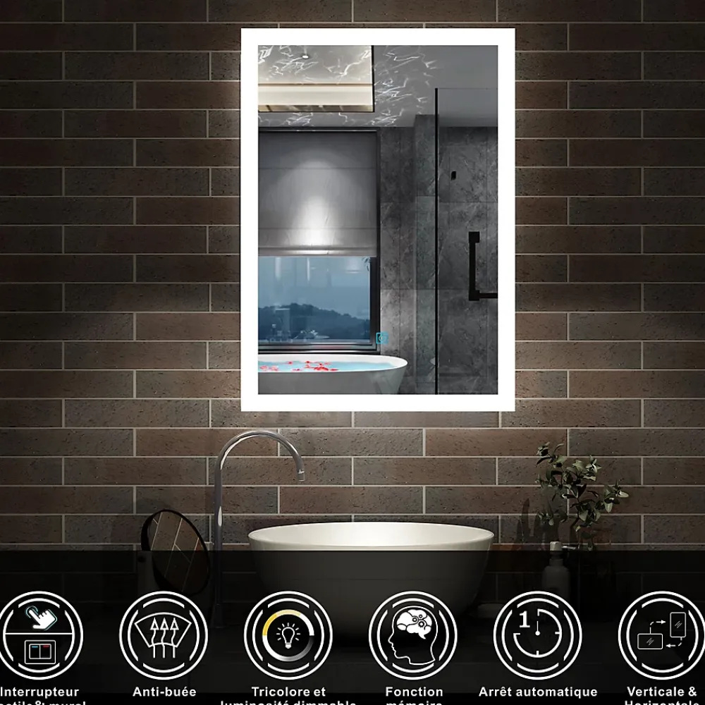 Miroir Lumineux|AICA Sanitaire Miroir de salle de bain 50x70cm LED tricolore anti-buée + mémoire + dimmable,