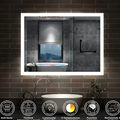 AICA Sanitaire Miroir de salle de bain 80x60cm LED tricolore anti-buée + mémoire + dimmable,