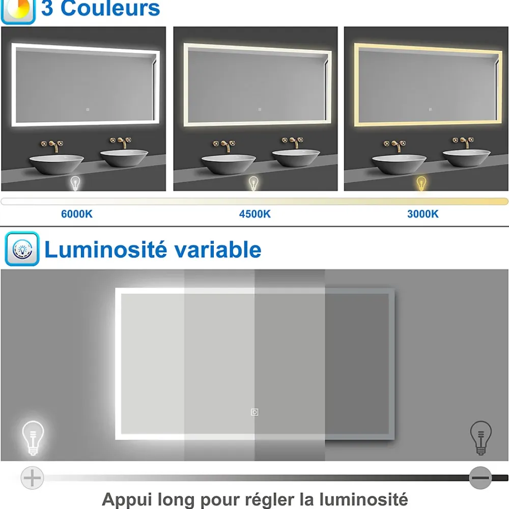 AICA Sanitaire Miroir de salle de bain 80x60cm LED tricolore anti-buée + mémoire + dimmable,