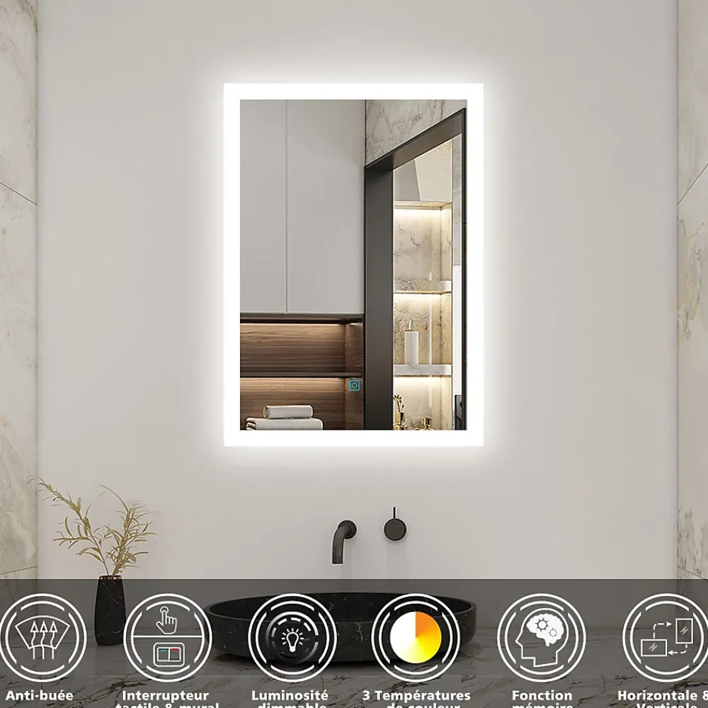 AICA Sanitaire Miroir de salle de bain 50x70cm LED tricolore anti-buée + mémoire + dimmable,