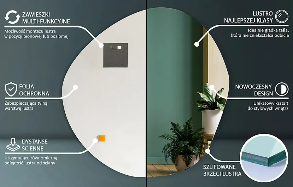 Tulup Miroir asymétrique suspendu 58 x 58 mural 1 pièce