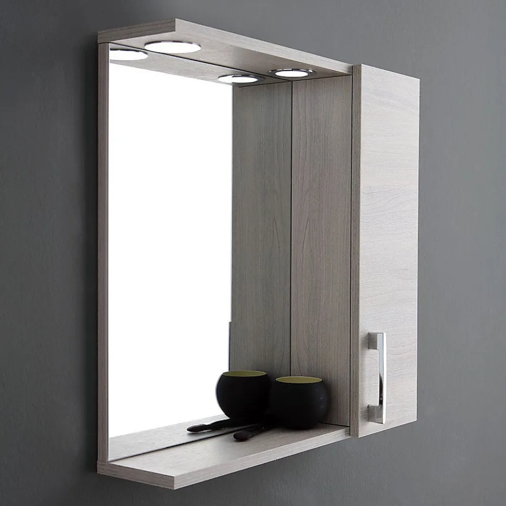 Kiamami Valentina Miroir Avec Unité Murale Droite En Chêne Gris Effet Bois Et Spot Led 58Cm