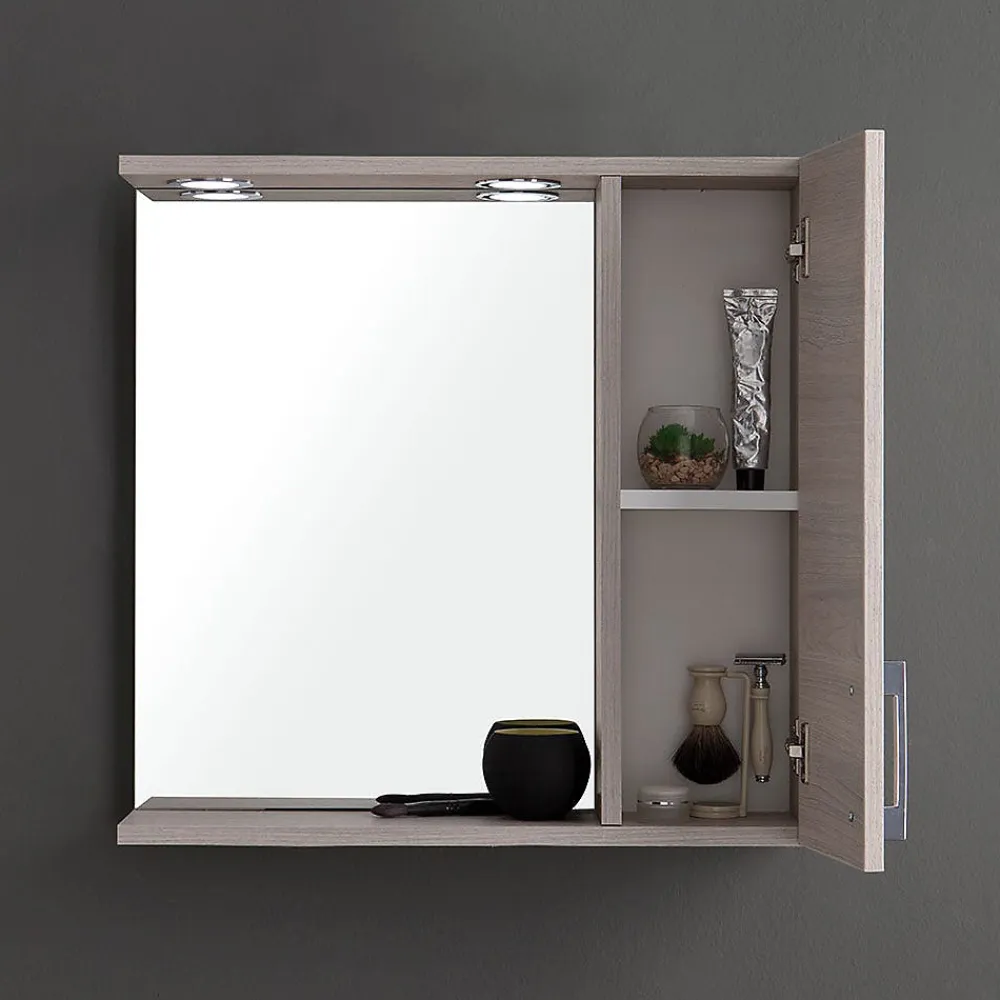 Kiamami Valentina Miroir Avec Unité Murale Droite En Chêne Gris Effet Bois Et Spot Led 58Cm