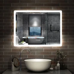 AICA Sanitaire Miroir Bluetooth 100x60 cm, tricolore + horloge + mémoire + dimmable + anti-buée, miroir LED étanche IP44,