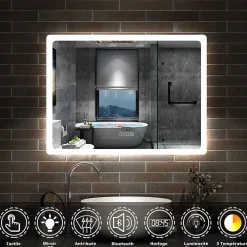 AICA Sanitaire Miroir Bluetooth 100x60 cm, tricolore + horloge + mémoire + dimmable + anti-buée, miroir LED étanche IP44,