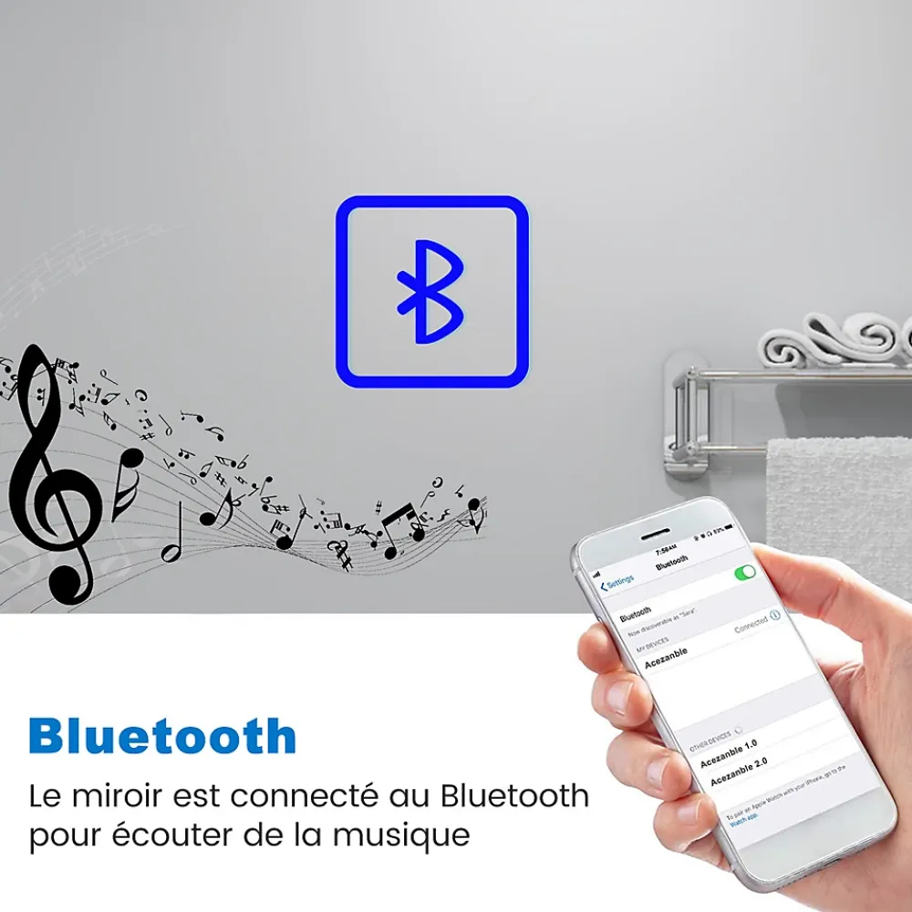 AICA Sanitaire Miroir Bluetooth 100x60 cm, tricolore + horloge + mémoire + dimmable + anti-buée, miroir LED étanche IP44,