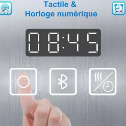 AICA Sanitaire Miroir Bluetooth 100x60 cm, tricolore + horloge + mémoire + dimmable + anti-buée, miroir LED étanche IP44,