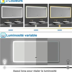 AICA Sanitaire Miroir Bluetooth 100x60 cm, tricolore + horloge + mémoire + dimmable + anti-buée, miroir LED étanche IP44,
