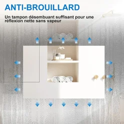 AICA Sanitaire Miroir Bluetooth 100x60 cm, tricolore + horloge + mémoire + dimmable + anti-buée, miroir LED étanche IP44,