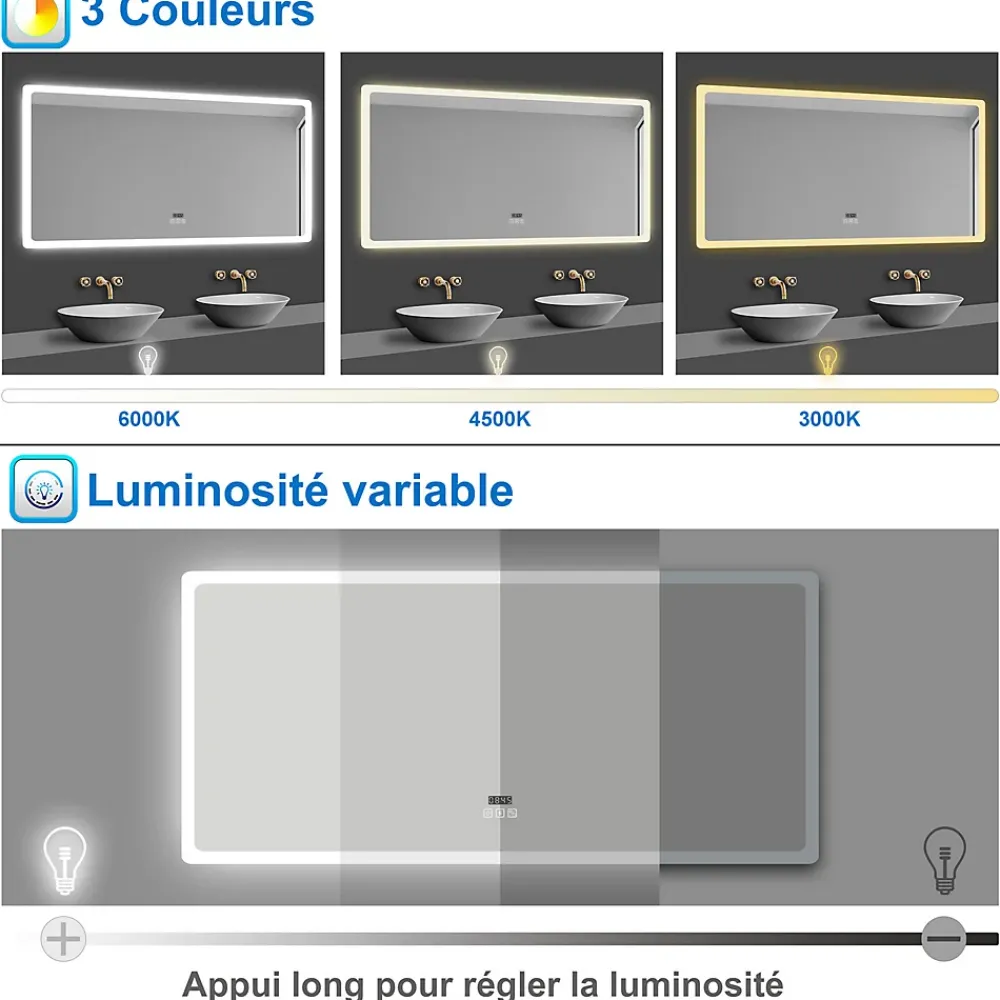 AICA Sanitaire Miroir Bluetooth 70x50 cm, tricolore + horloge + mémoire + dimmable + anti-buée, miroir LED étanche IP44,