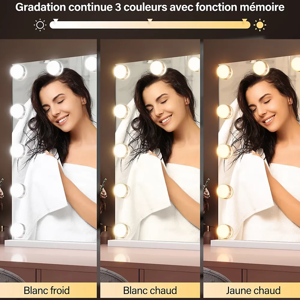 Miroir Grossissant Lumineux|Sirhona Miroir de Maquillage Éclairage LED 80x60x10 cm + Bluetooth + Loupe 10X + Port USB + Température à Tricolore
