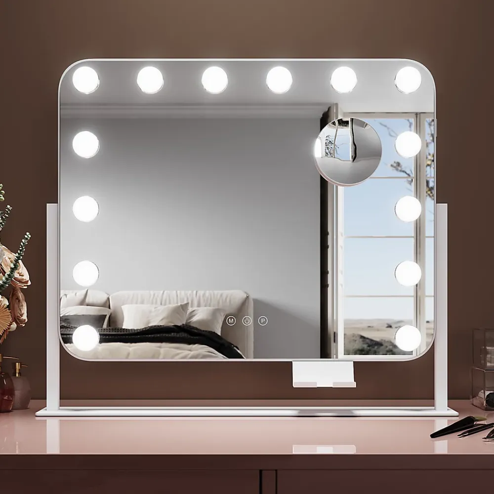 Miroir Grossissant Lumineux|Sirhona Miroir de Maquillage Éclairage LED 50x47x9cm cm + Support de Téléphone + Loupe 10x + Port USB + Température Tricolore