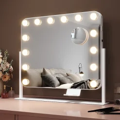 Miroir Grossissant Lumineux|Sirhona Miroir de Maquillage Éclairage LED 50x47x9cm cm + Support de Téléphone + Loupe 10x + Port USB + Température Tricolore