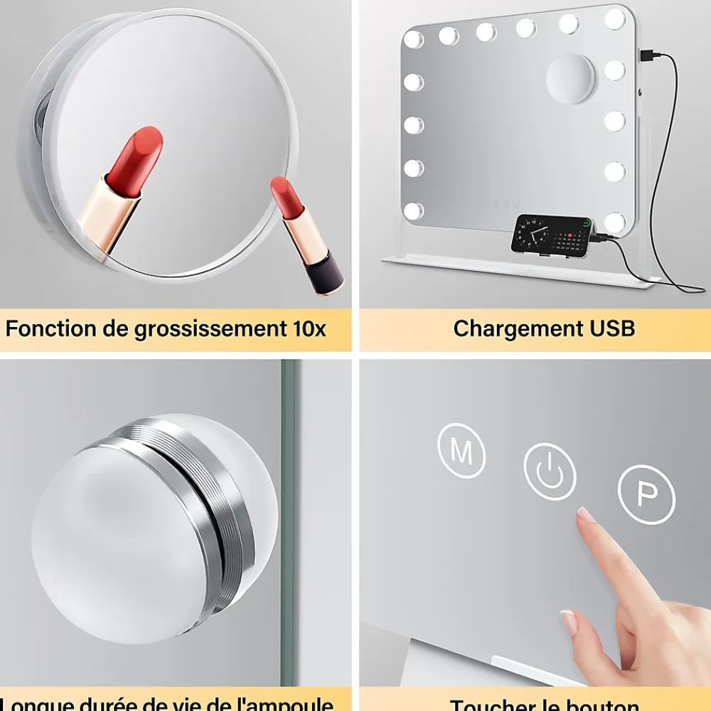 Miroir Grossissant Lumineux|Sirhona Miroir de Maquillage Éclairage LED 50x47x9cm cm + Support de Téléphone + Loupe 10x + Port USB + Température Tricolore