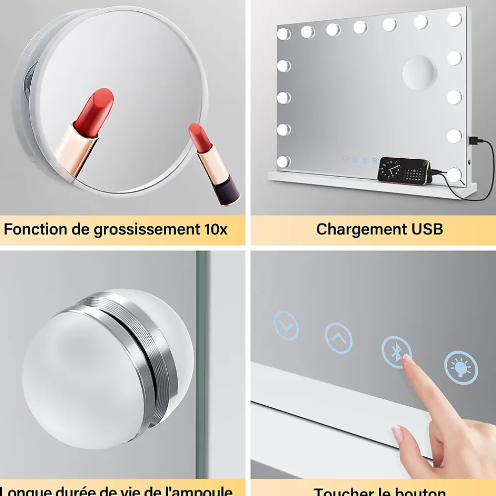 Sirhona Miroir de Maquillage Éclairage LED 58x46x10 cm + Bluetooth + Loupe 10X + Port USB + Température à Tricolore