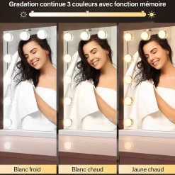 Sirhona Miroir de Maquillage Éclairage LED 58x46x10 cm + Bluetooth + Loupe 10X + Port USB + Température à Tricolore