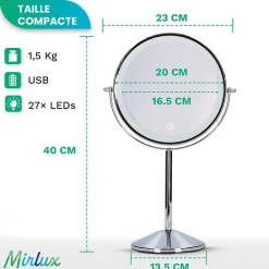 Mirlux Miroir De Maquillage Lumineux LED Rechargeable Chrome, grossissement 1-10x
