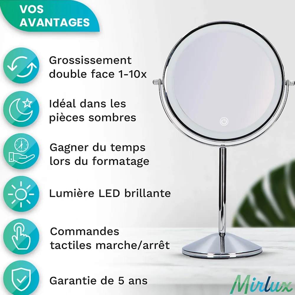 Mirlux Miroir De Maquillage Lumineux LED Rechargeable Chrome, grossissement 1-10x