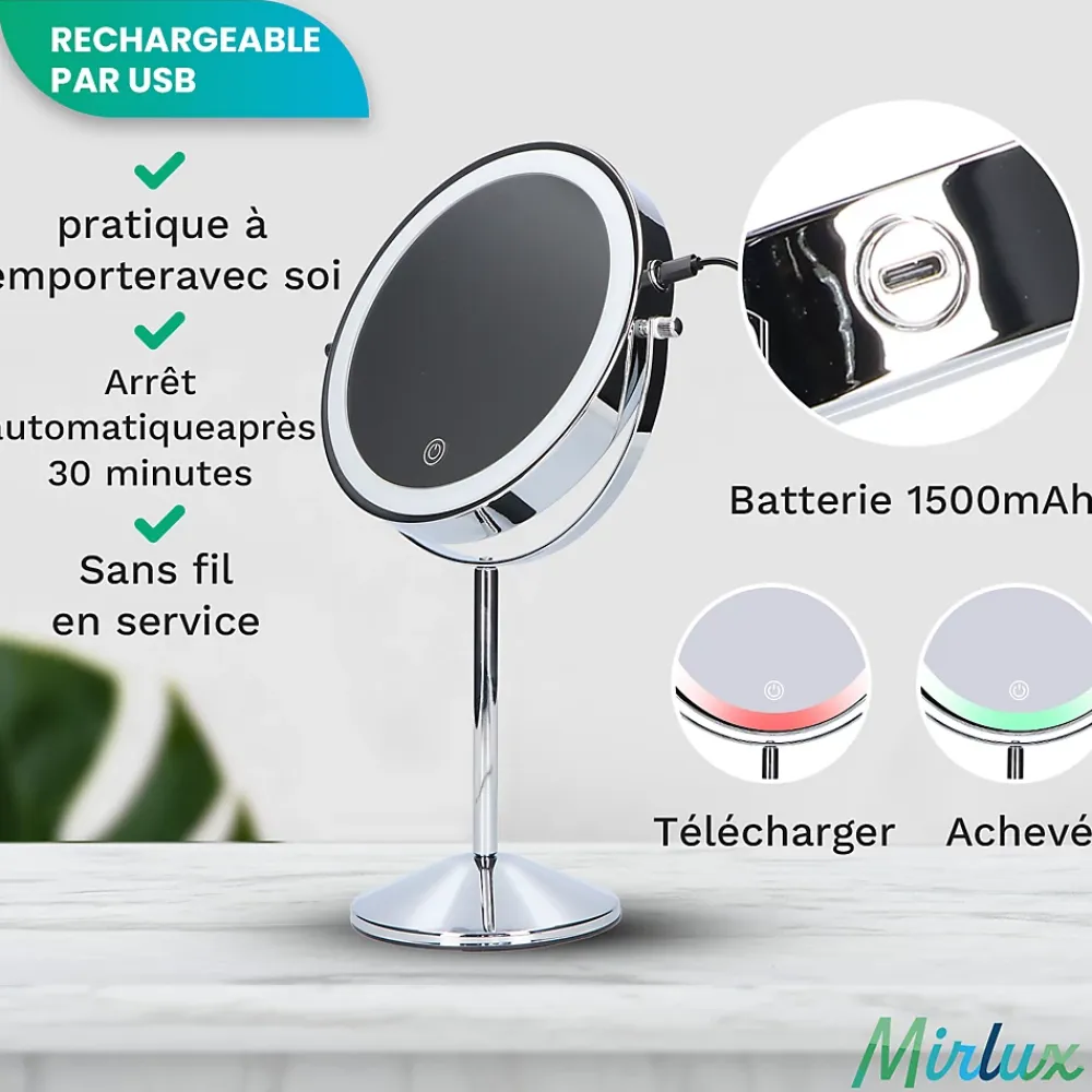 Mirlux Miroir De Maquillage Lumineux LED Rechargeable Chrome, grossissement 1-10x