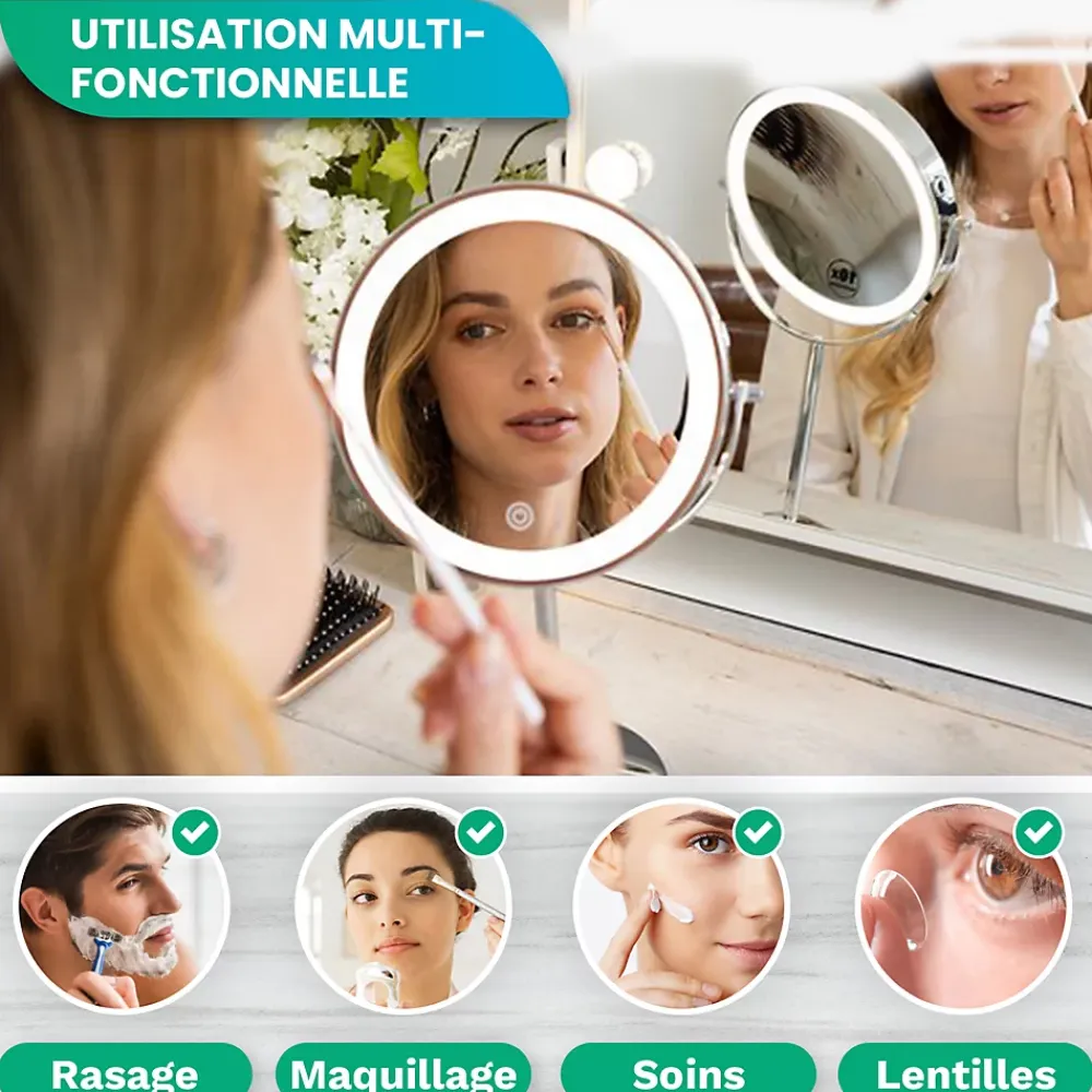 Mirlux Miroir De Maquillage Lumineux LED Rechargeable Chrome, grossissement 1-10x