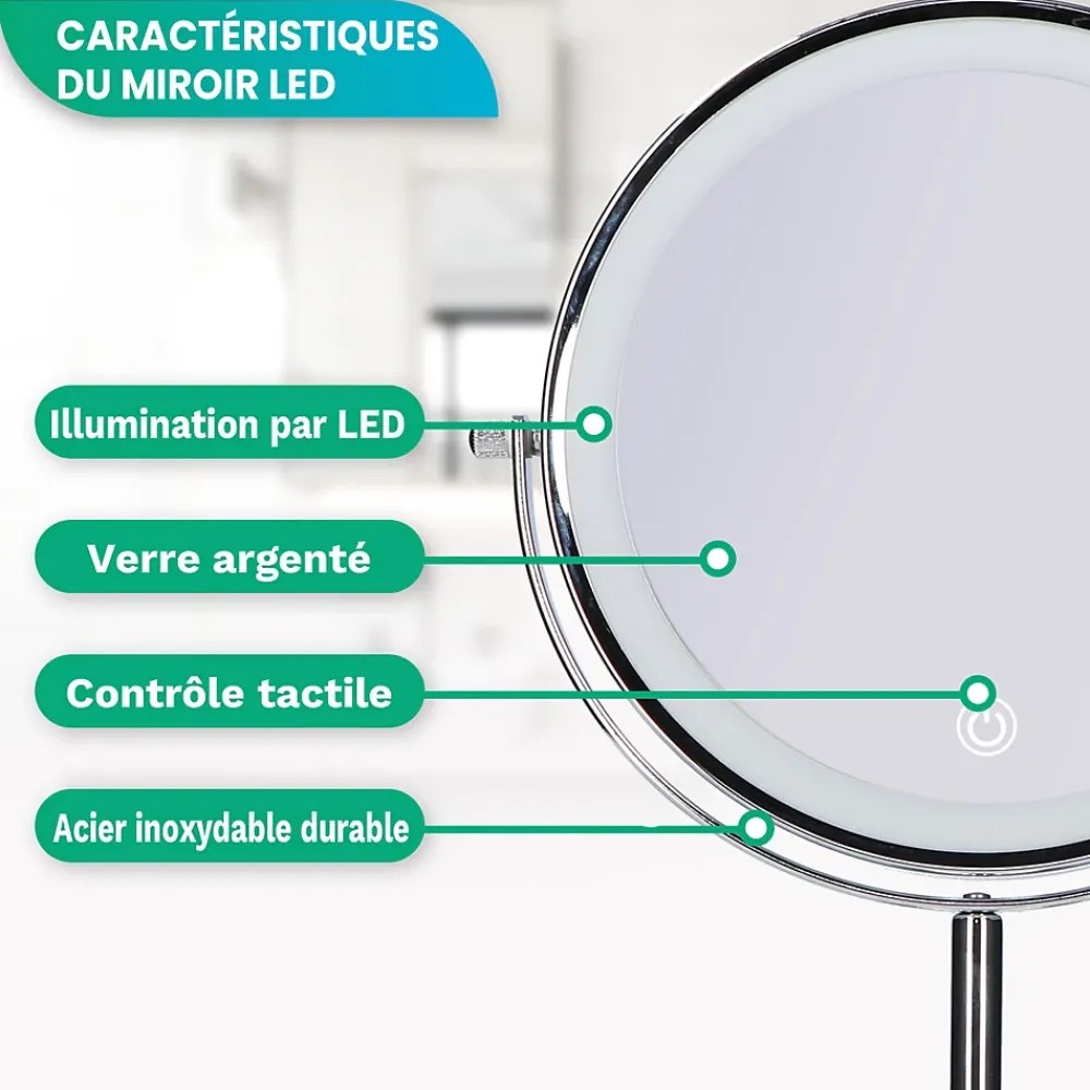 Mirlux Miroir De Maquillage Lumineux LED Rechargeable Chrome, grossissement 1-10x