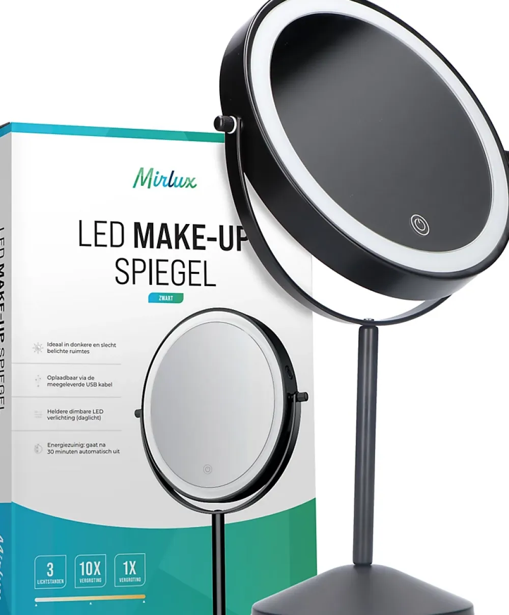 Miroir Grossissant Lumineux|Mirlux Miroir De Maquillage Lumineux LED Rechargeable Noir, Grossissement 1-10x
