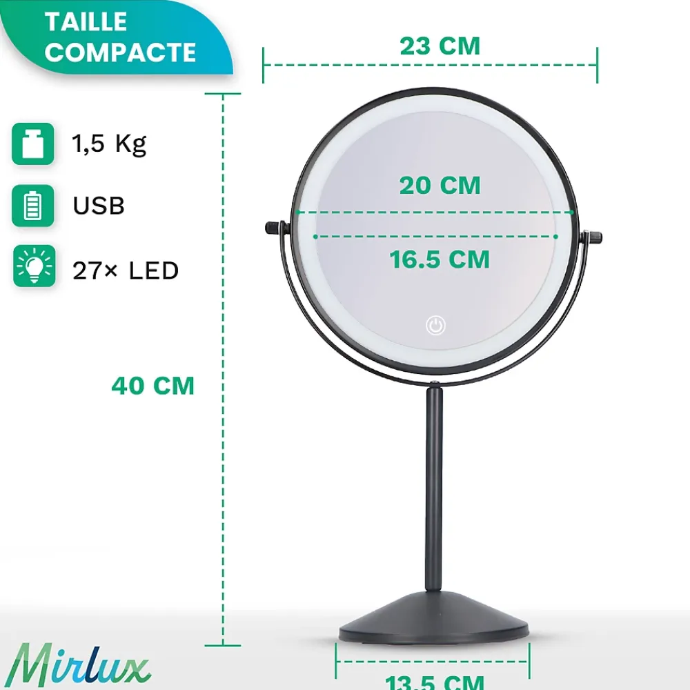 Miroir Grossissant Lumineux|Mirlux Miroir De Maquillage Lumineux LED Rechargeable Noir, Grossissement 1-10x