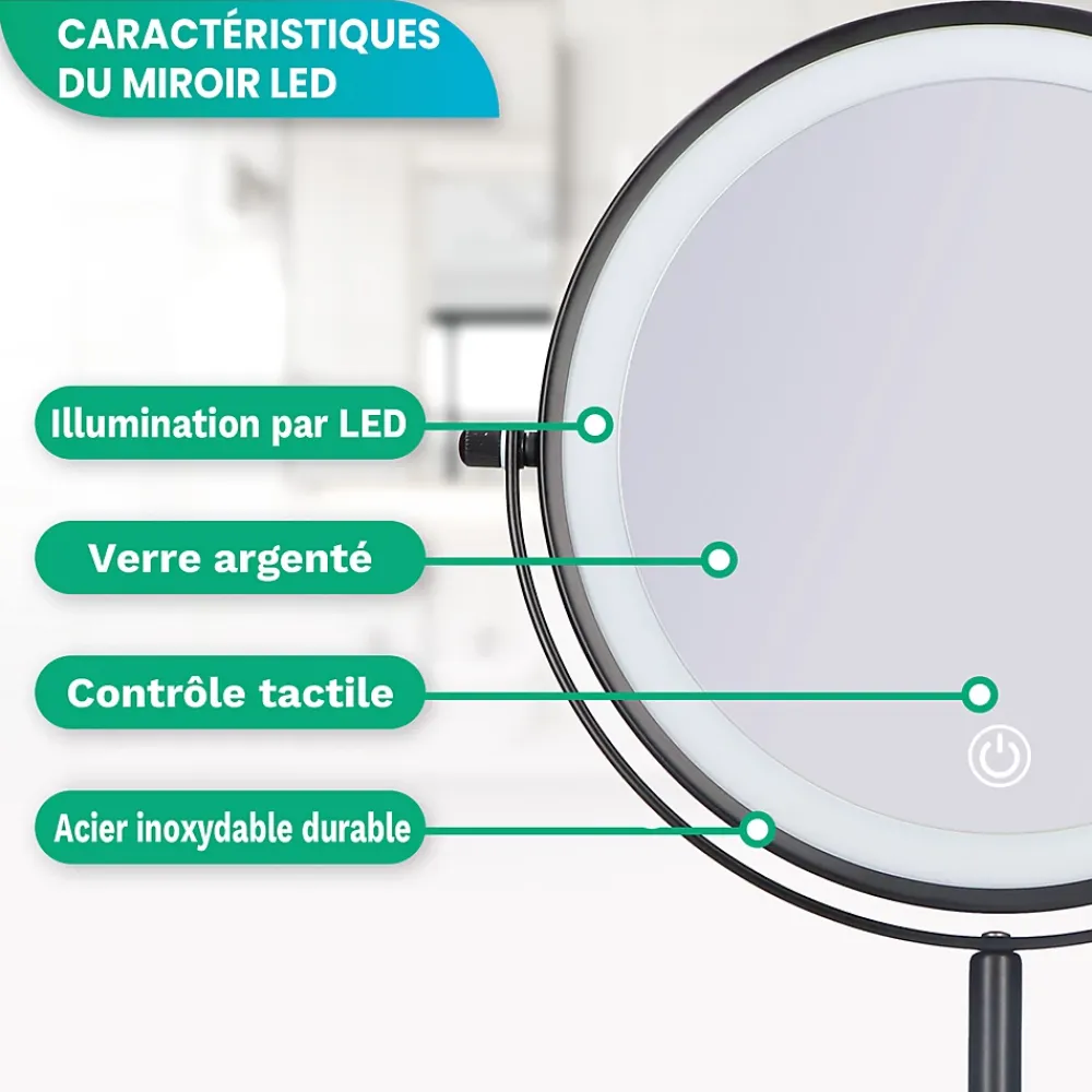 Miroir Grossissant Lumineux|Mirlux Miroir De Maquillage Lumineux LED Rechargeable Noir, Grossissement 1-10x
