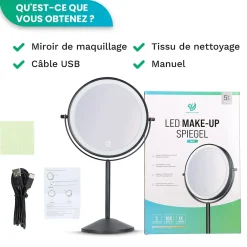 Miroir Grossissant Lumineux|Mirlux Miroir De Maquillage Lumineux LED Rechargeable Noir, Grossissement 1-10x