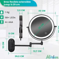 Mirlux Miroir De Maquillage Lumineux LED Rechargeable Noir, Grossissement 1-5x