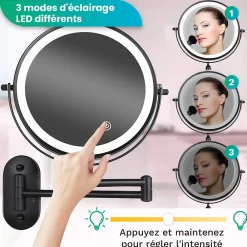 Mirlux Miroir De Maquillage Lumineux LED Rechargeable Noir, Grossissement 1-5x
