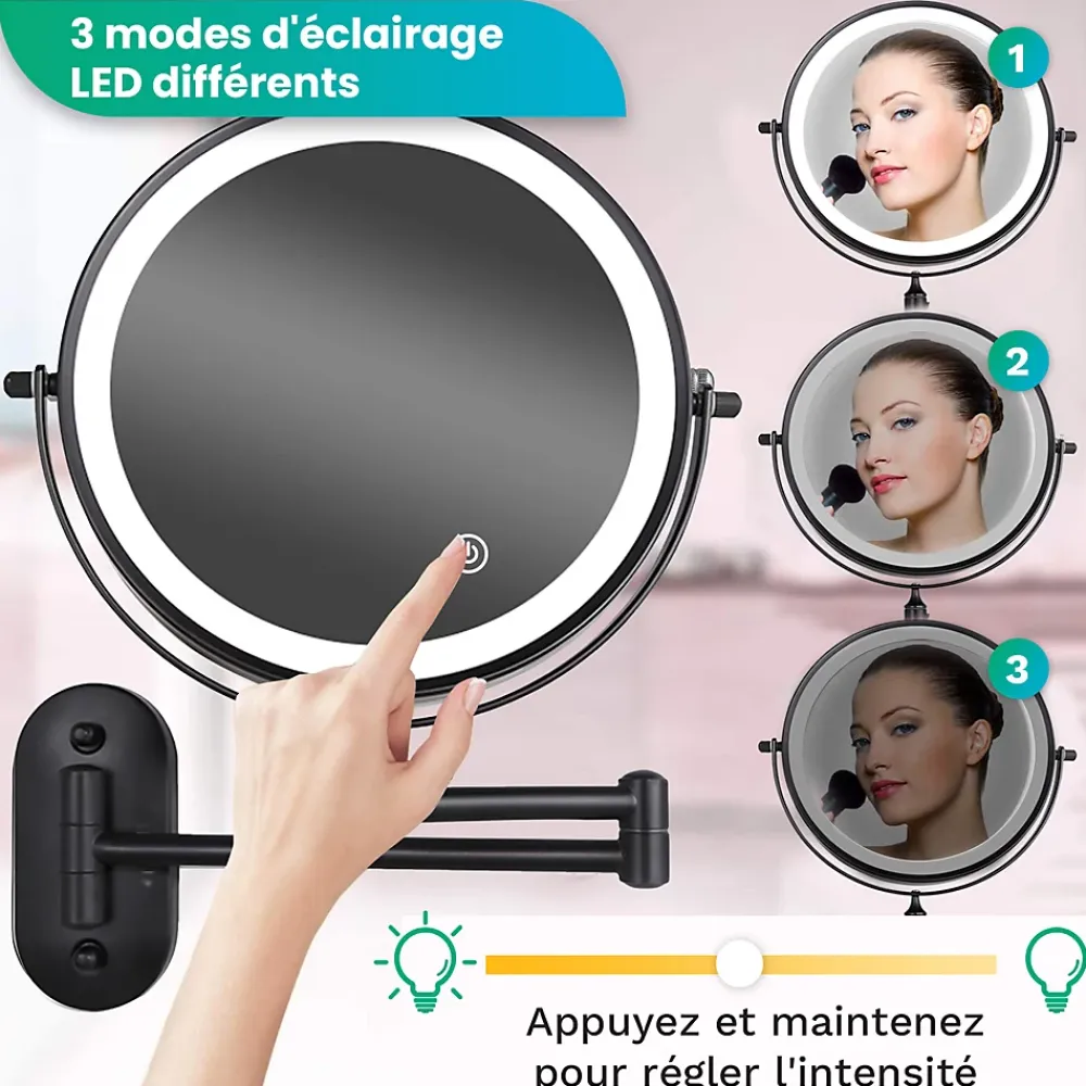 Mirlux Miroir De Maquillage Lumineux LED Rechargeable Noir, Grossissement 1-5x