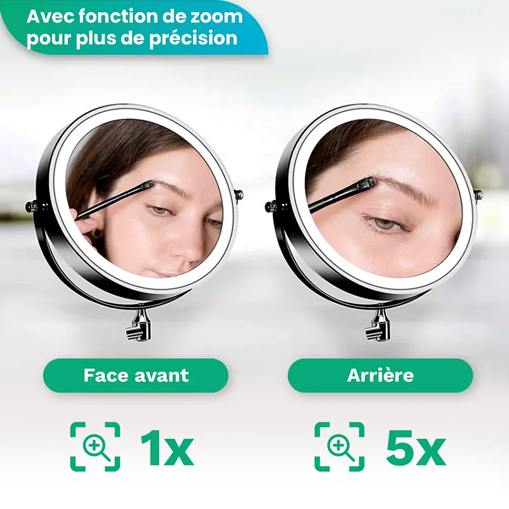 Mirlux Miroir De Maquillage Lumineux LED Rechargeable Noir, Grossissement 1-5x