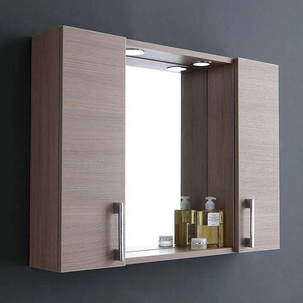 Armoire De Toilette|Kiamami Valentina Miroir De Rangement Avec Armoires Latérales, Étagère Et Spots À Led 77Cm Chêne Fumé