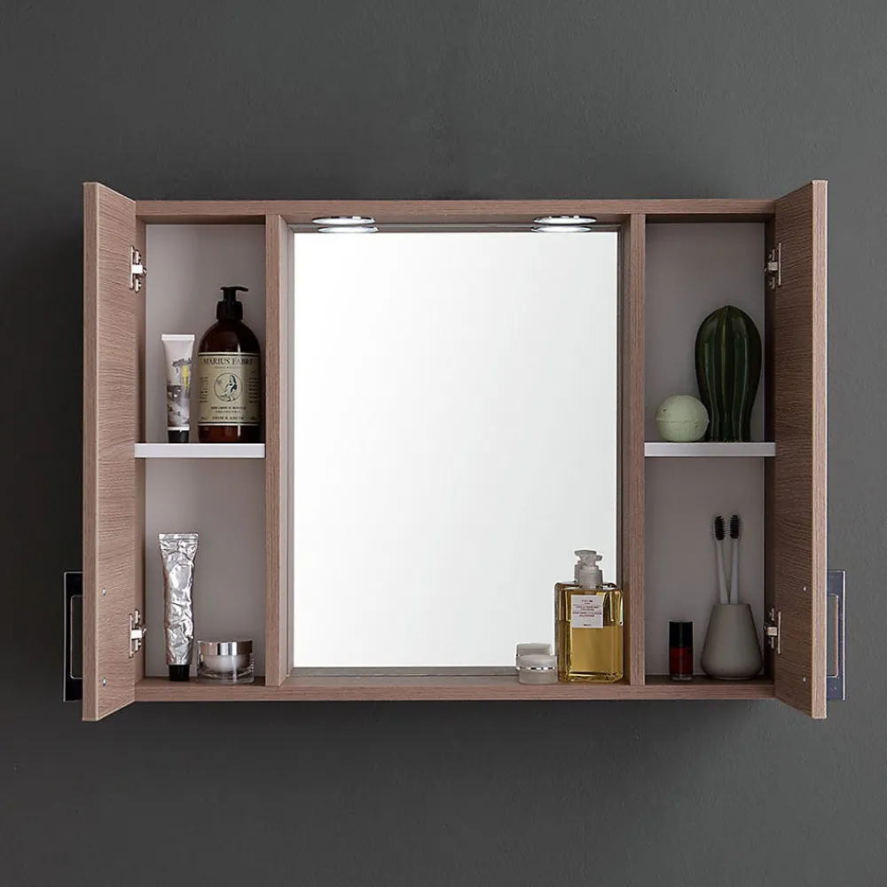 Armoire De Toilette|Kiamami Valentina Miroir De Rangement Avec Armoires Latérales, Étagère Et Spots À Led 77Cm Chêne Fumé