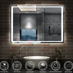 AICA Sanitaire Miroir de salle de bain à LED, dimmable et mémoire, 140x80cm miroir lumineux anti-buée,