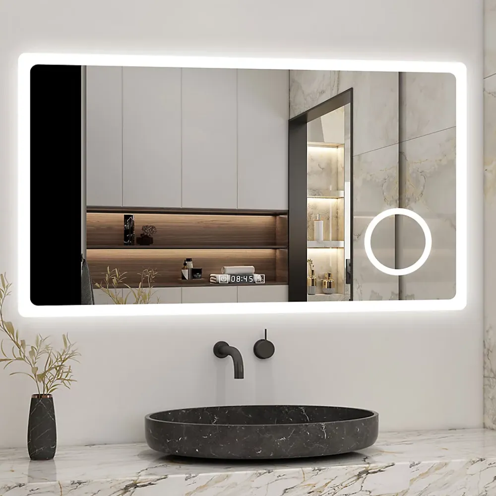 AICA Sanitaire Miroir de salle de bain anti-buée avec horloge, blanc froid chaud neutre tactile mural miroir 120x70cm,