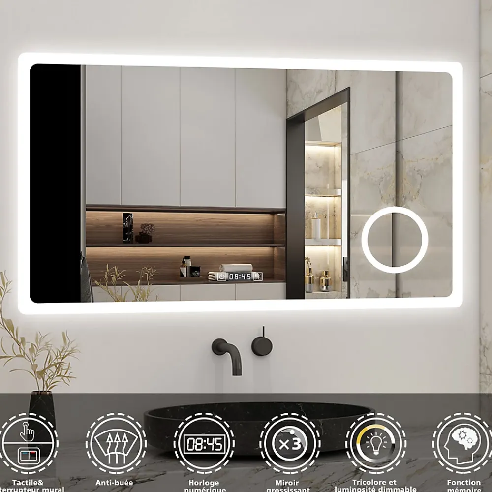 AICA Sanitaire Miroir de salle de bain anti-buée avec horloge, blanc froid chaud neutre tactile mural miroir 120x70cm,