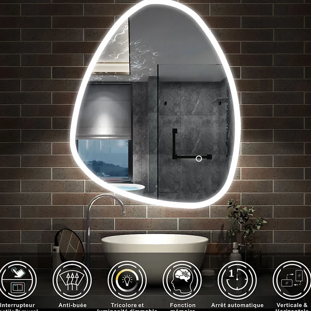 AICA Sanitaire Miroir de salle de bain asymétrique 100x80cm led Teardrop Mirror 3 Colours Dimmable + Anti-buée + Mémoire,