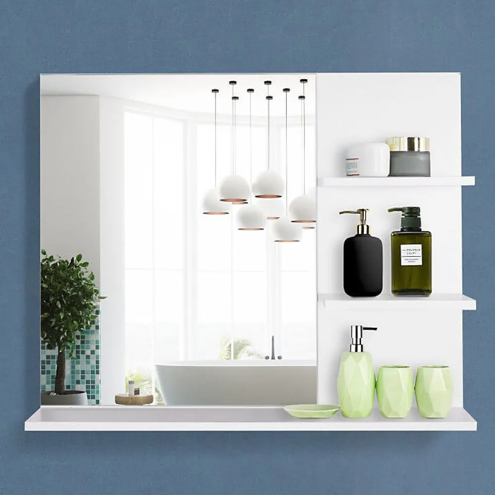 Armoire De Toilette|Homcom Miroir de salle de bain avec étagères - 2 étagères latérales + grande étagère inférieure - kit installation fourni - MDF blanc