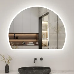 Miroir Lumineux|AICA Sanitaire Miroir de salle de bain asymétrique 80x60cm led Demi-cercle Mirror 3 Colours Dimmable + Anti-buée + Mémoire,