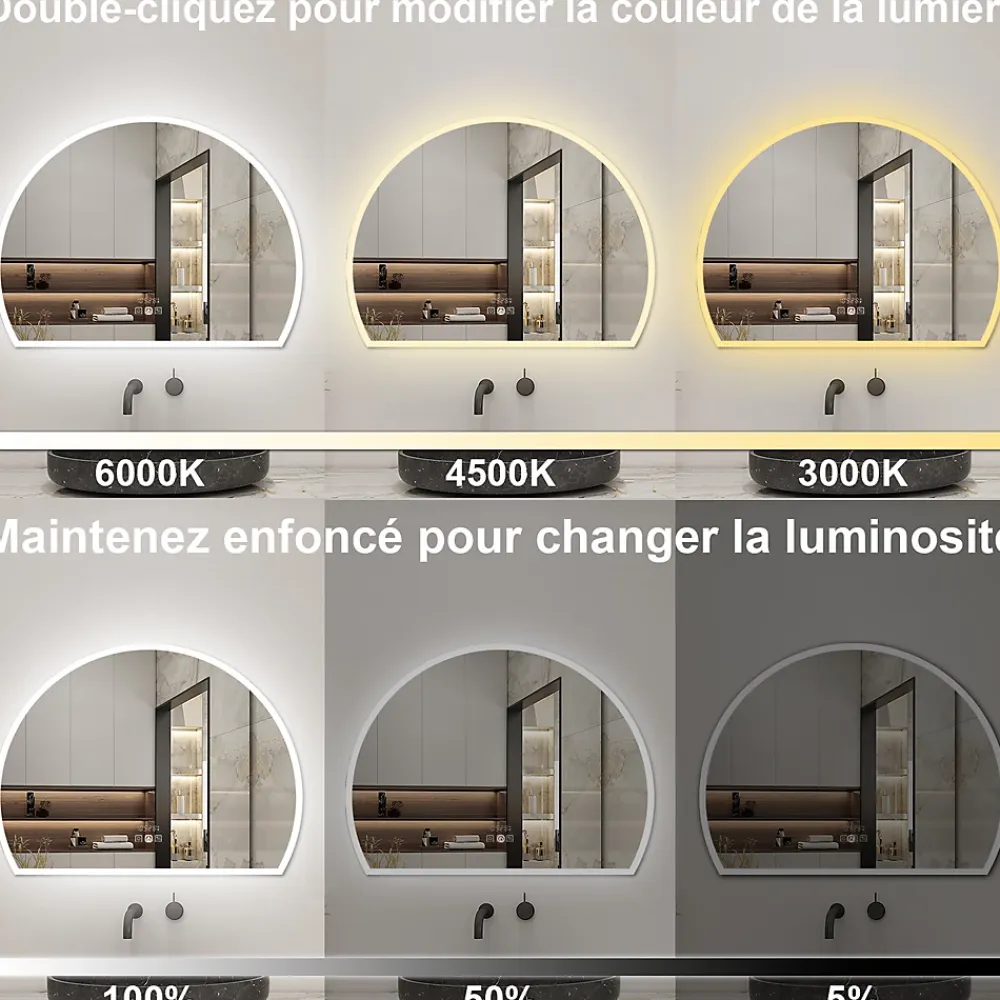 Miroir Lumineux|AICA Sanitaire Miroir de salle de bain asymétrique 80x60cm led Demi-cercle Mirror 3 Colours Dimmable + Anti-buée + Mémoire,