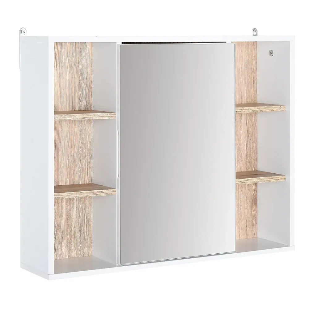Armoire De Toilette|Homcom Miroir de salle de bain avec placard 2 étagères 6 niches latérales blanc effet chêne clair