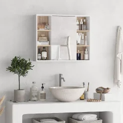 Armoire De Toilette|Homcom Miroir de salle de bain avec placard 2 étagères 6 niches latérales blanc effet chêne clair