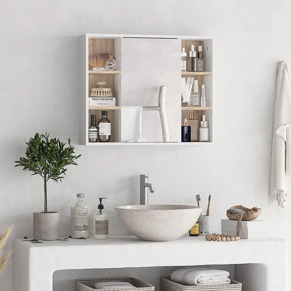 Armoire De Toilette|Homcom Miroir de salle de bain avec placard 2 étagères 6 niches latérales blanc effet chêne clair