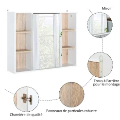 Armoire De Toilette|Homcom Miroir de salle de bain avec placard 2 étagères 6 niches latérales blanc effet chêne clair