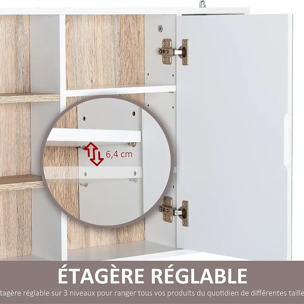 Armoire De Toilette|Homcom Miroir de salle de bain avec placard 2 étagères 6 niches latérales blanc effet chêne clair