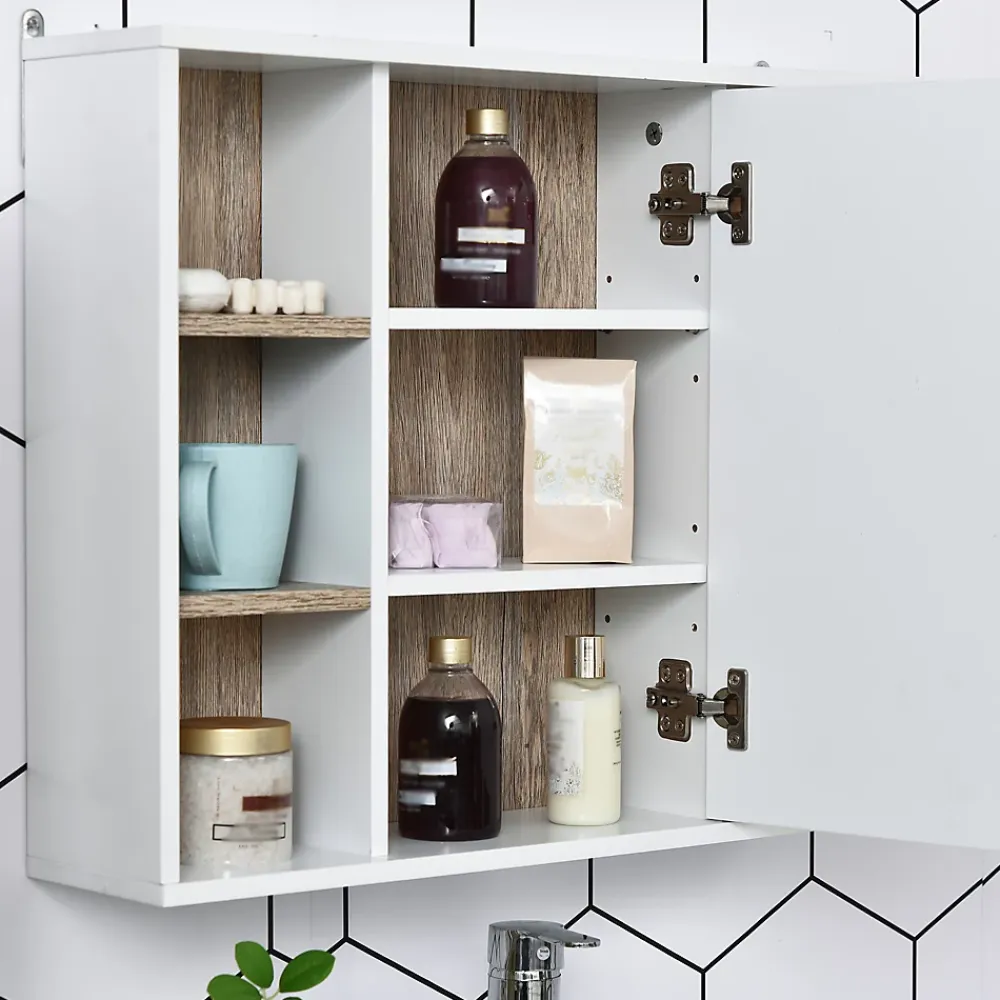 Armoire De Toilette|Homcom Miroir de salle de bain avec placard 2 étagères 6 niches latérales blanc effet chêne clair