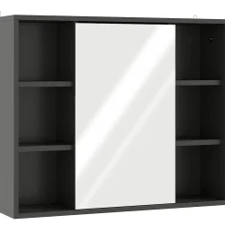Armoire De Toilette|Homcom Miroir de salle de bain avec placard 2 étagères 6 niches latérales noir effet chêne clair